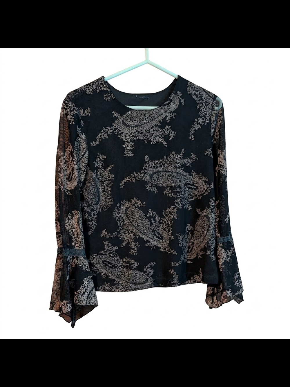 Vintage Black Paisley Mesh Bell Sleeve Top